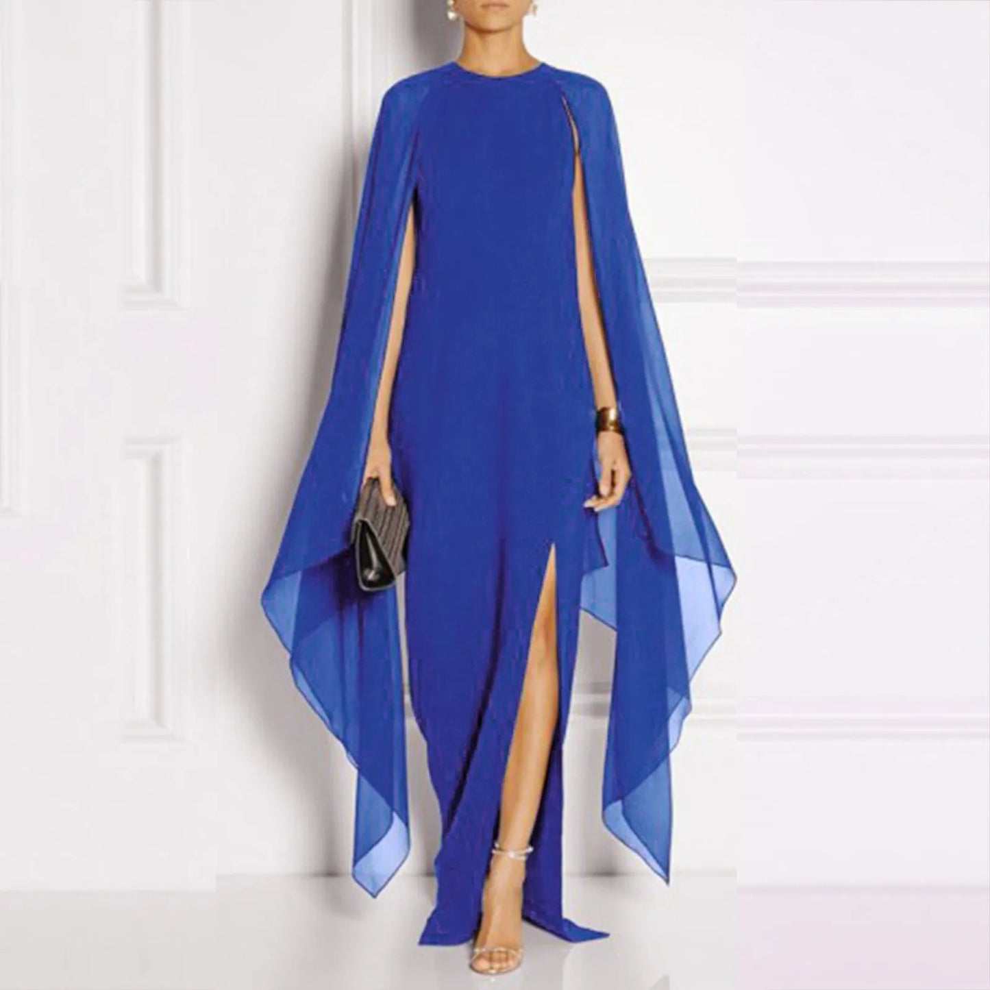 Elegant Summer Maxi Chiffon Cape Long High Slit Irregular Batwing Sleeve Vestidos Dress