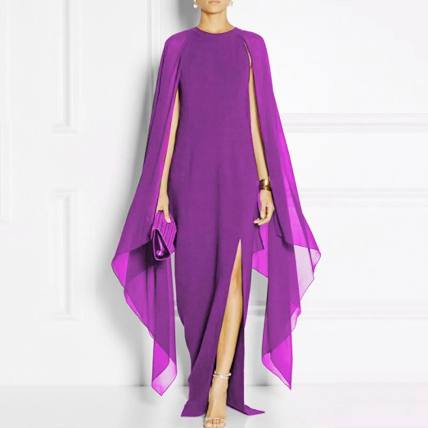 Elegant Summer Maxi Chiffon Cape Long High Slit Irregular Batwing Sleeve Vestidos Dress