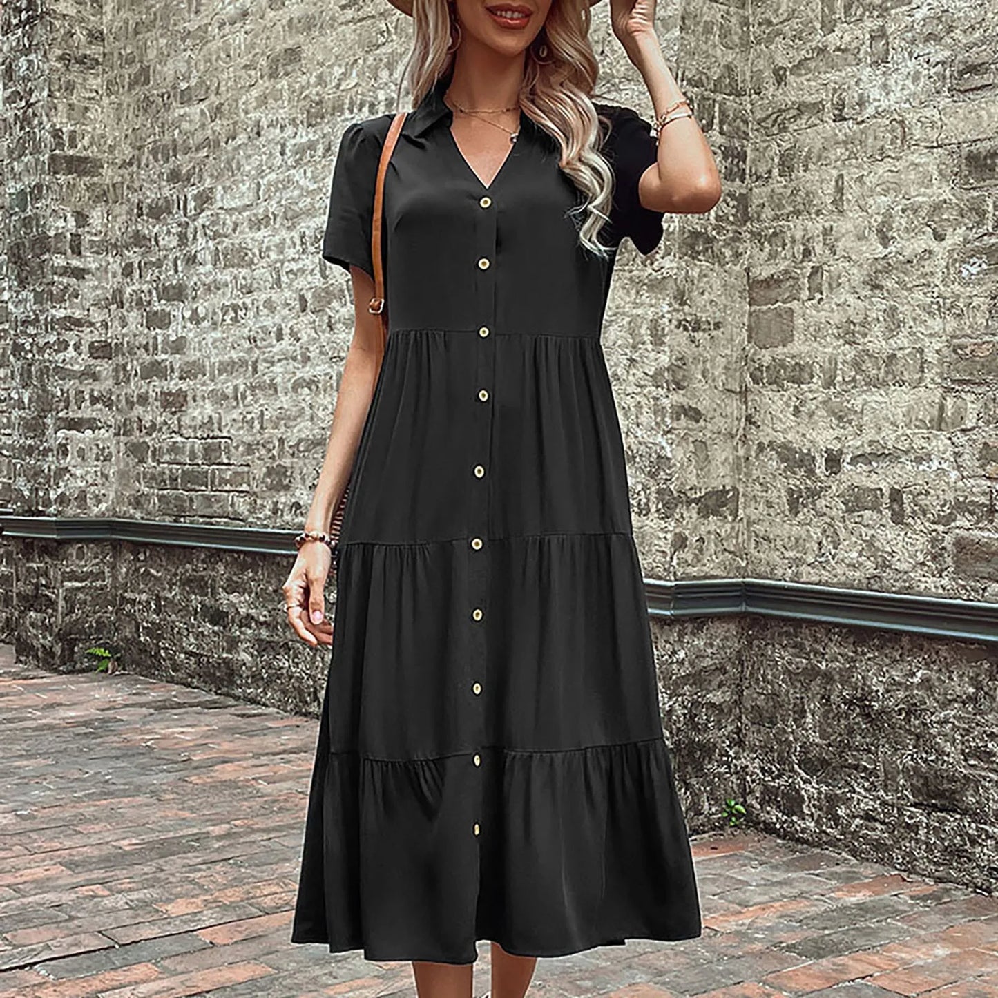 Elegant Casual Holiday Midi V Neck Single Breasted Shirt Solid Short Sleeve Summer Women's Dress