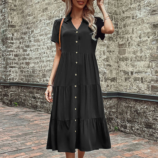 Elegant Casual Holiday Midi V Neck Single Breasted Shirt Solid Short Sleeve Summer Women's Dress