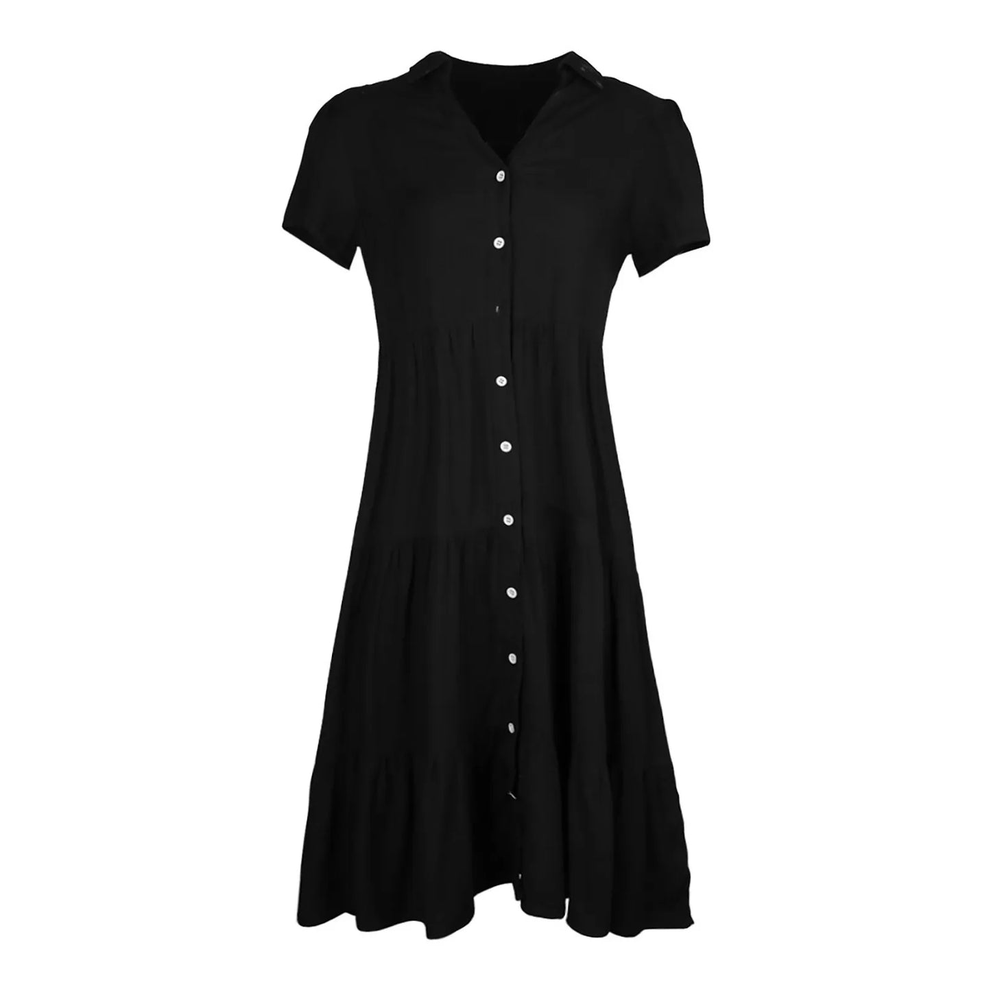 Elegant Casual Holiday Midi V Neck Single Breasted Shirt Solid Short Sleeve Summer Women's Dress