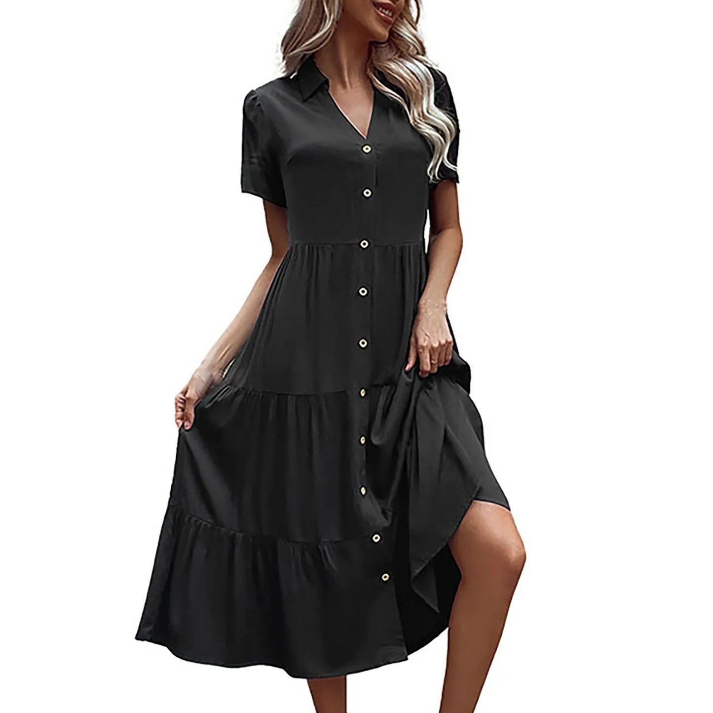 Elegant Casual Holiday Midi V Neck Single Breasted Shirt Solid Short Sleeve Summer Women's Dress