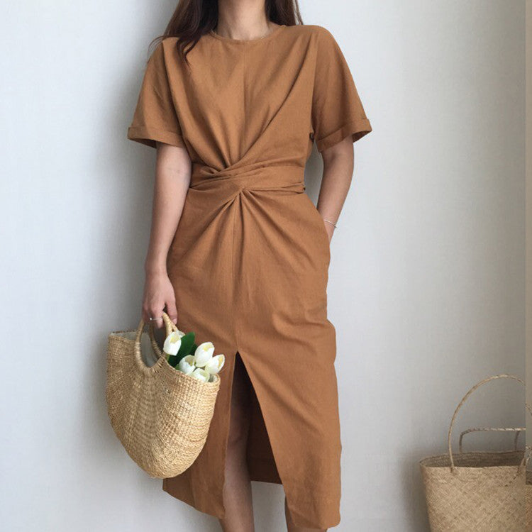 Elegant Twist Tie Waist and Front Slit Midi Dress - 3 Colors
