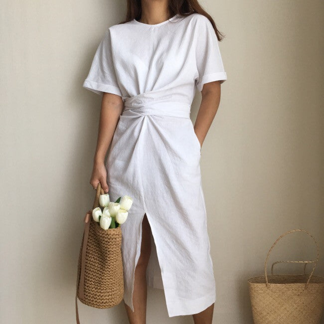 Elegant Twist Tie Waist and Front Slit Midi Dress - 3 Colors