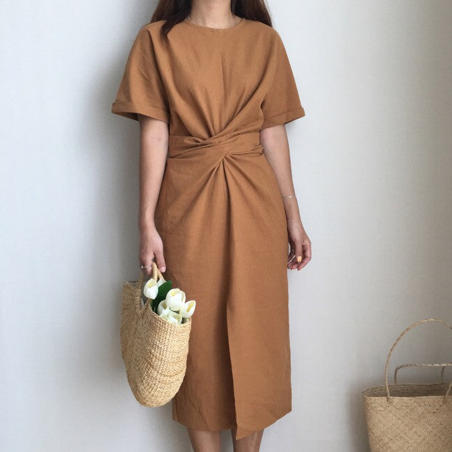 Elegant Twist Tie Waist and Front Slit Midi Dress - 3 Colors
