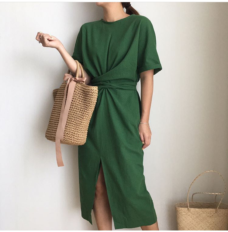 Elegant Twist Tie Waist and Front Slit Midi Dress - 3 Colors