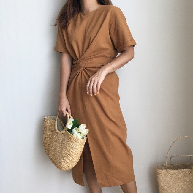 Elegant Twist Tie Waist and Front Slit Midi Dress - 3 Colors