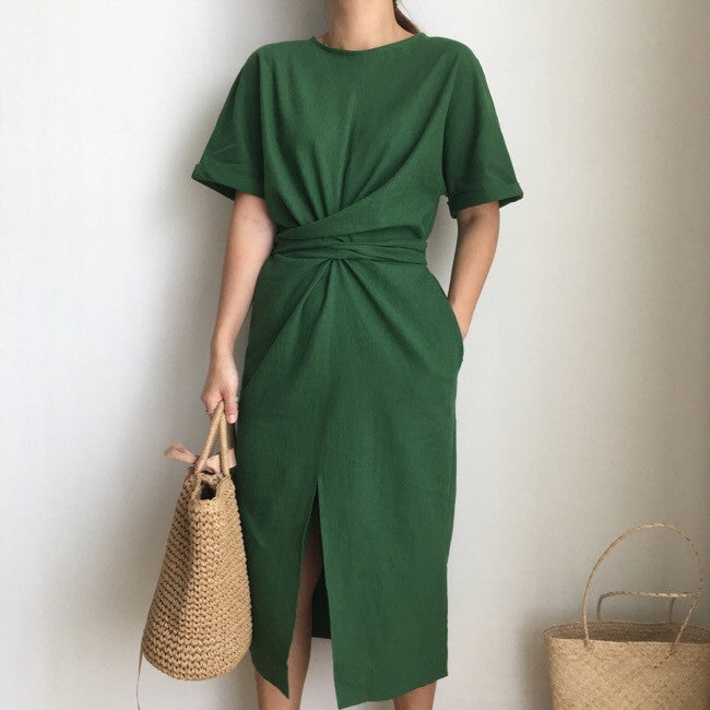 Elegant Twist Tie Waist and Front Slit Midi Dress - 3 Colors