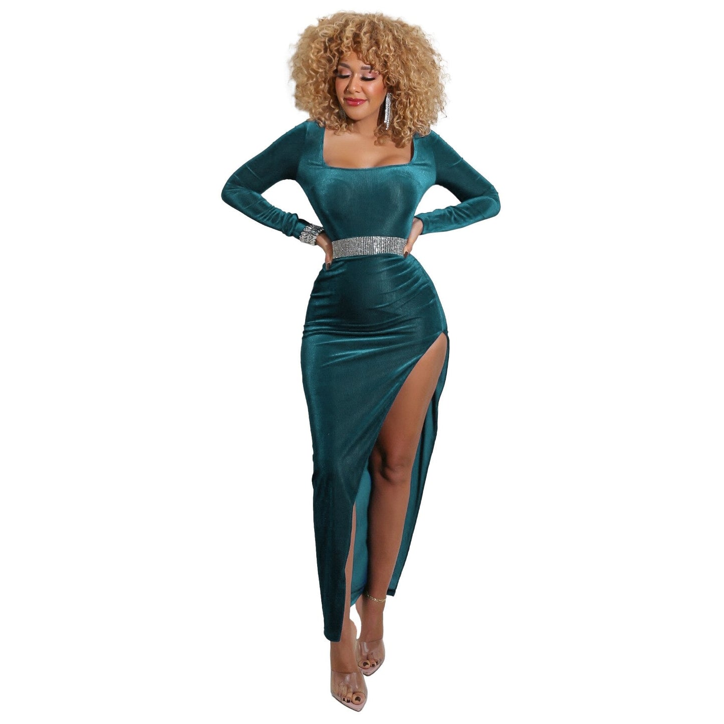 Elegant Velvet High Waist Slit Maxi Dress Long Sleeve Evening Party Dress