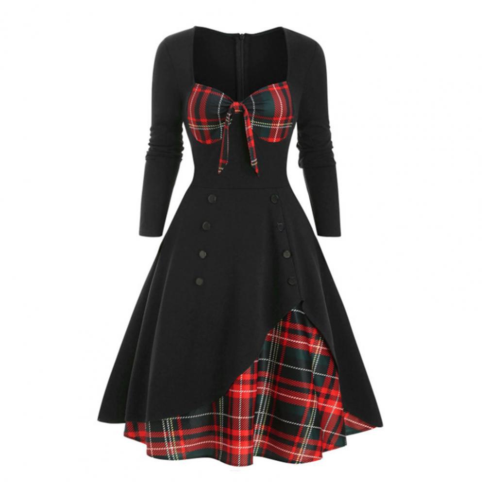 Elegant Vintage Long Sleeve Slim Dress V-Neck Lace-up Neckline Fashion Christmas Party