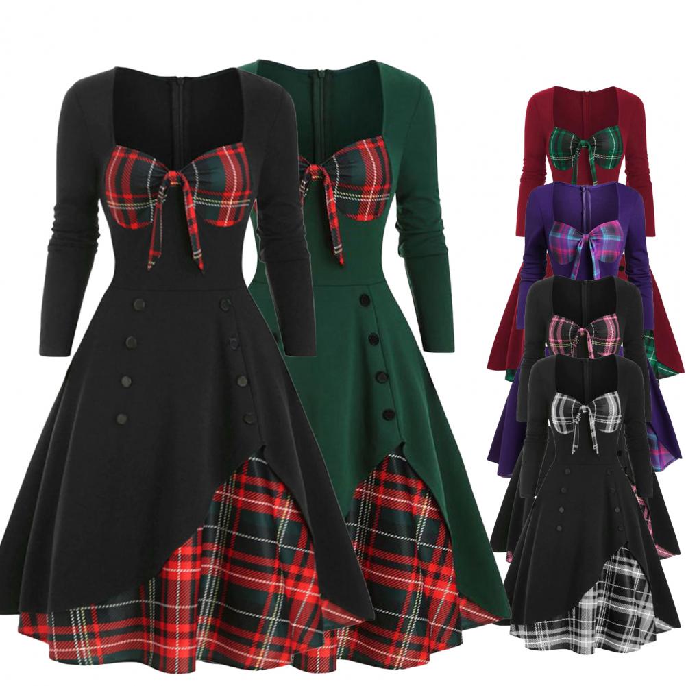 Elegant Vintage Long Sleeve Slim Dress V-Neck Lace-up Neckline Fashion Christmas Party