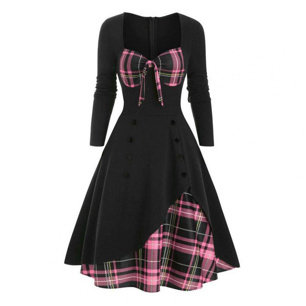 Elegant Vintage Long Sleeve Slim Dress V-Neck Lace-up Neckline Fashion Christmas Party