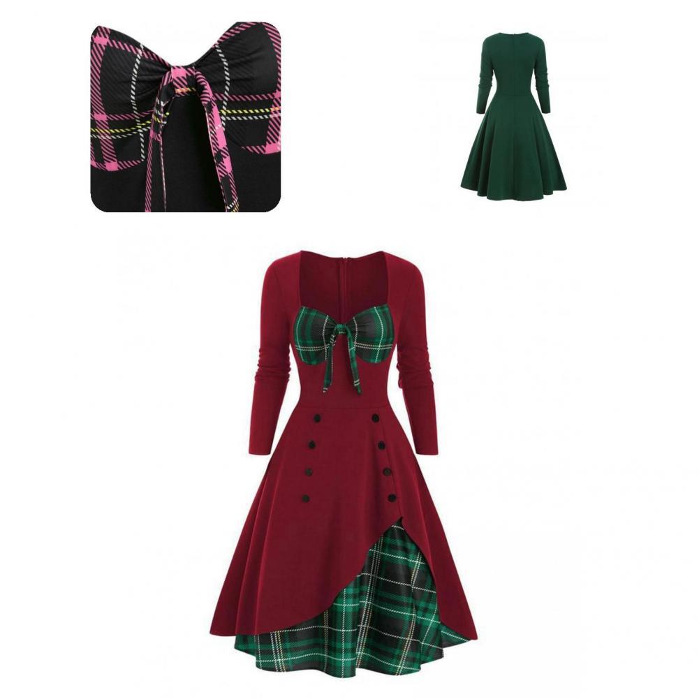 Elegant Vintage Long Sleeve Slim Dress V-Neck Lace-up Neckline Fashion Christmas Party