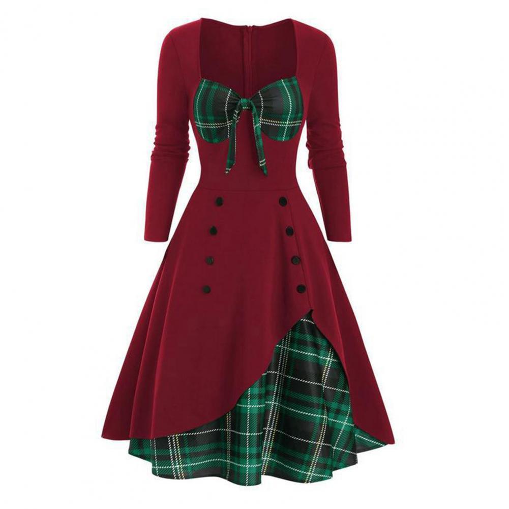 Elegant Vintage Long Sleeve Slim Dress V-Neck Lace-up Neckline Fashion Christmas Party