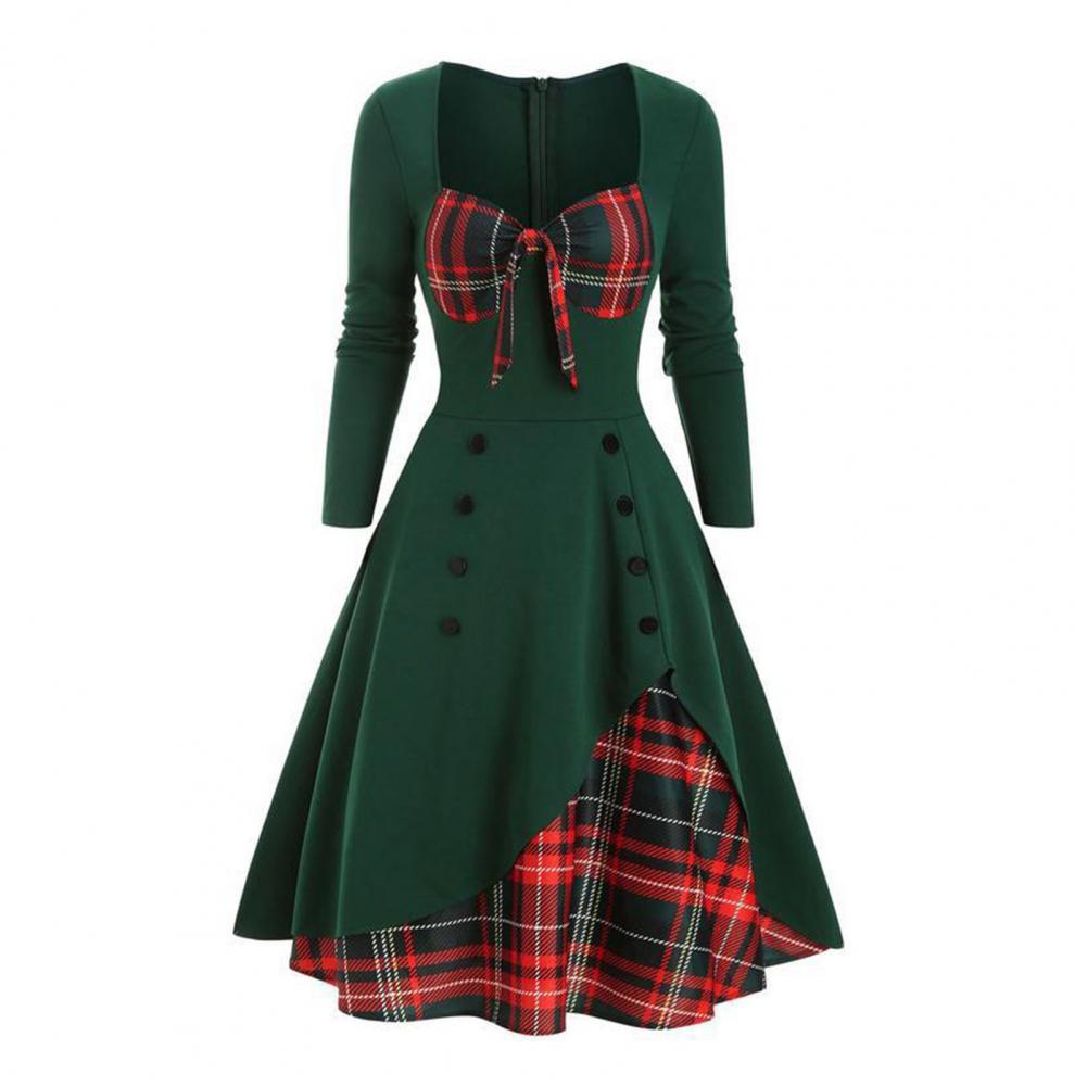 Elegant Vintage Long Sleeve Slim Dress V-Neck Lace-up Neckline Fashion Christmas Party