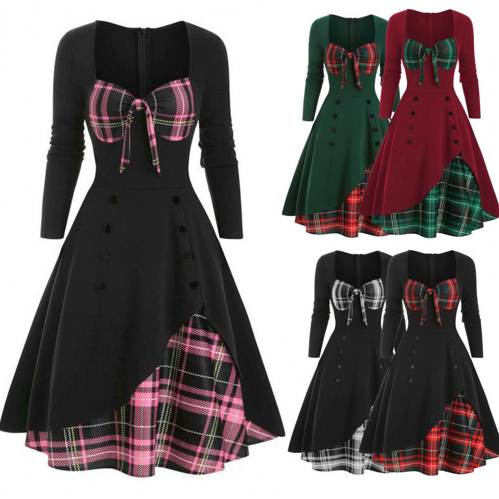 Elegant Vintage Long Sleeve Slim Dress V-Neck Lace-up Neckline Fashion Christmas Party