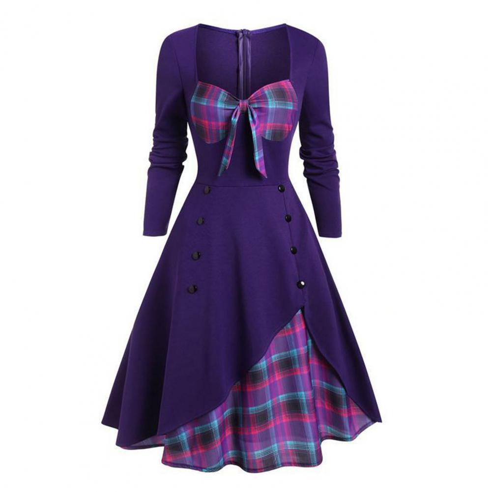 Elegant Vintage Long Sleeve Slim Dress V-Neck Lace-up Neckline Fashion Christmas Party