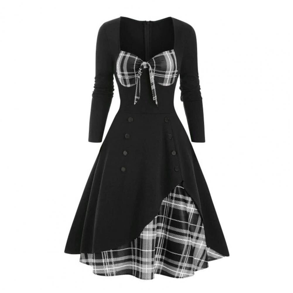 Elegant Vintage Long Sleeve Slim Dress V-Neck Lace-up Neckline Fashion Christmas Party