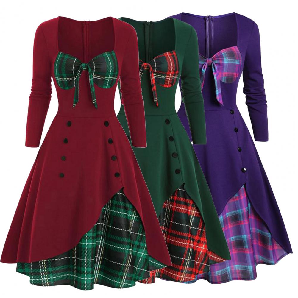 Elegant Vintage Long Sleeve Slim Dress V-Neck Lace-up Neckline Fashion Christmas Party