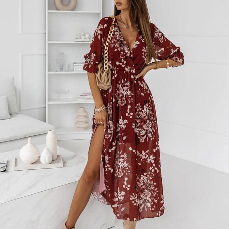 Elegant Loose V Neck Floral Dress