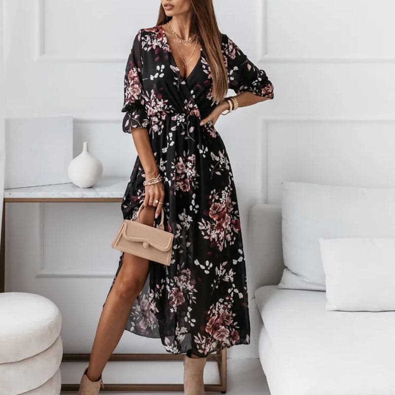 Elegant Loose V Neck Floral Dress