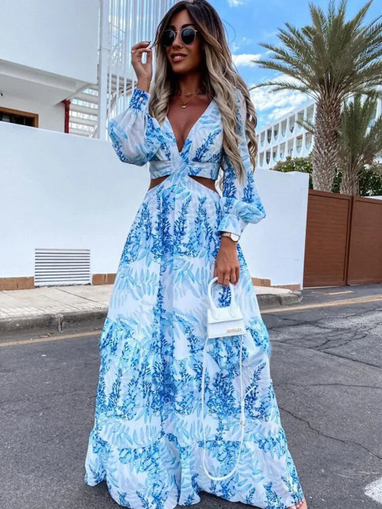 Elegant V-Neck Print Long Sleeve Maxi Dress