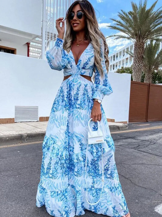 Elegant V-Neck Print Long Sleeve Maxi Dress