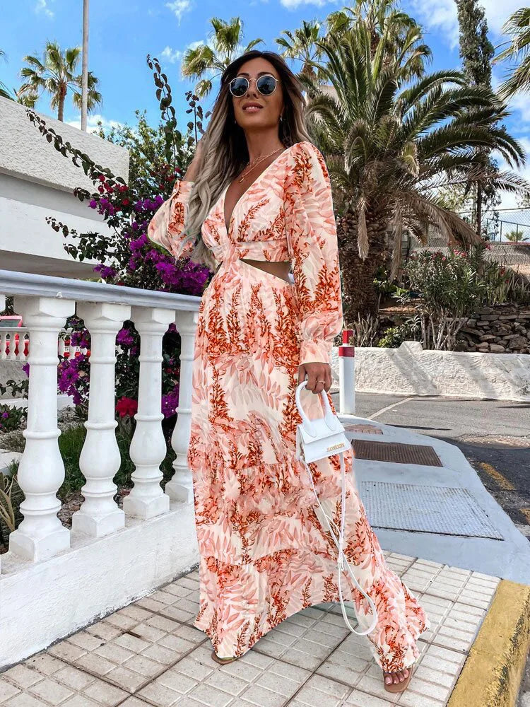 Elegant V-Neck Print Long Sleeve Maxi Dress