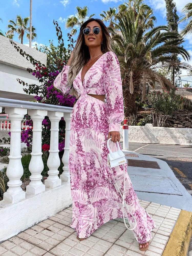 Elegant V-Neck Print Long Sleeve Maxi Dress