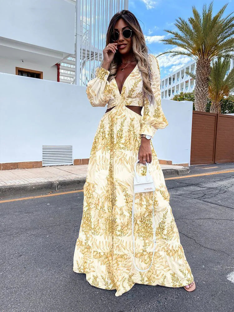 Elegant V-Neck Print Long Sleeve Maxi Dress