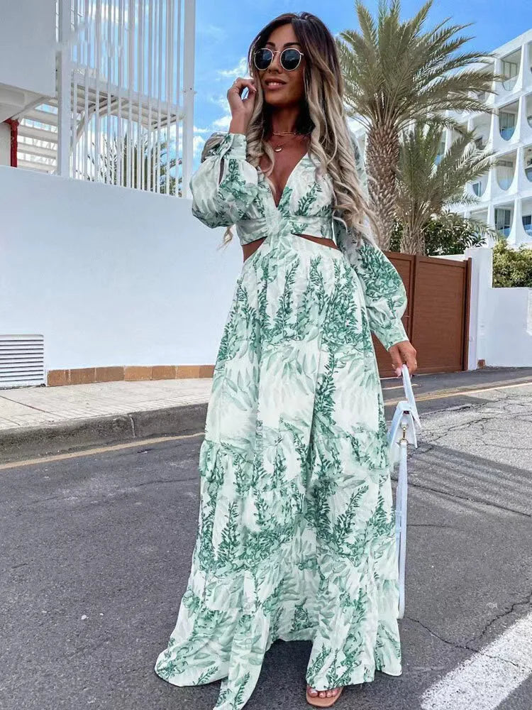 Elegant V-Neck Print Long Sleeve Maxi Dress
