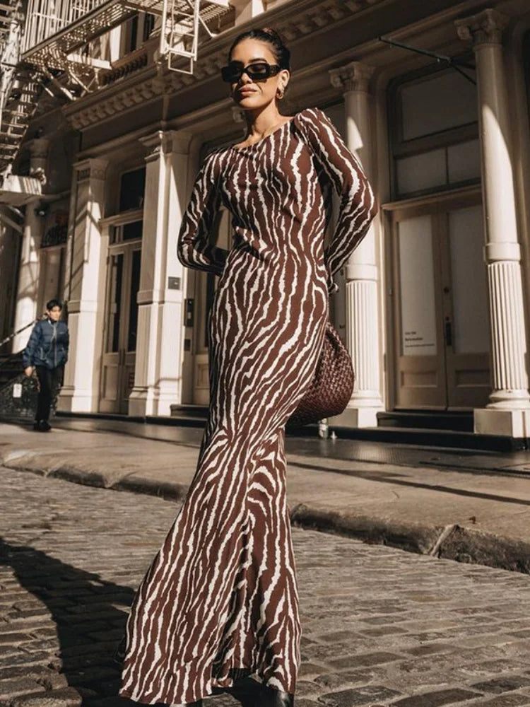 Vintage Zebra Print Long Sleeve Party Maxi Dress