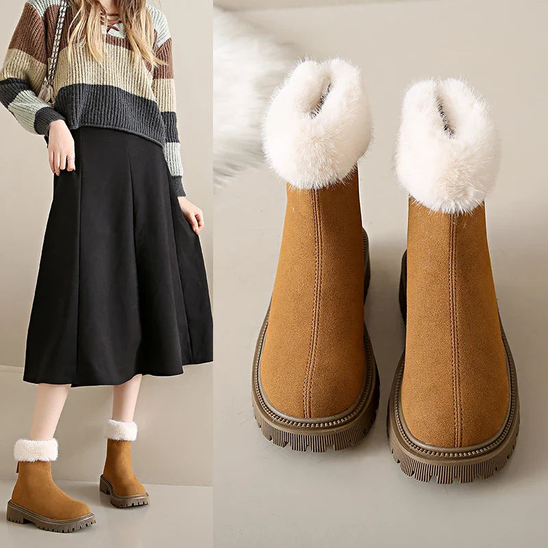 Elegant and Simple Women's Plush Shoes New Back Zipper Design Fashionable and Versatile Winter Cotton Boots Botas De Mujer
