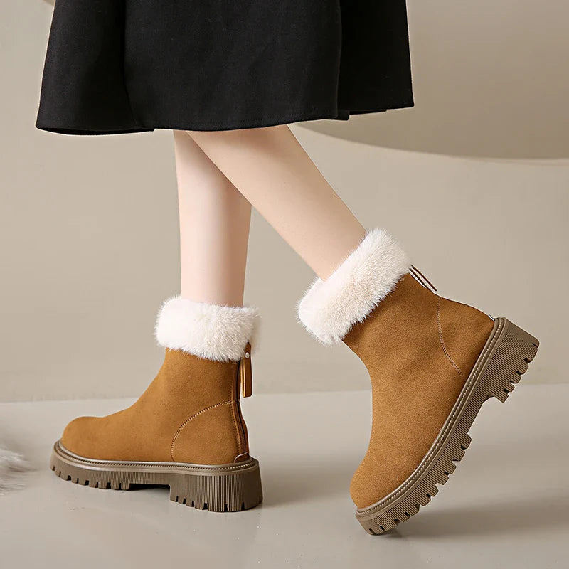 Elegant and Simple Women's Plush Shoes New Back Zipper Design Fashionable and Versatile Winter Cotton Boots Botas De Mujer