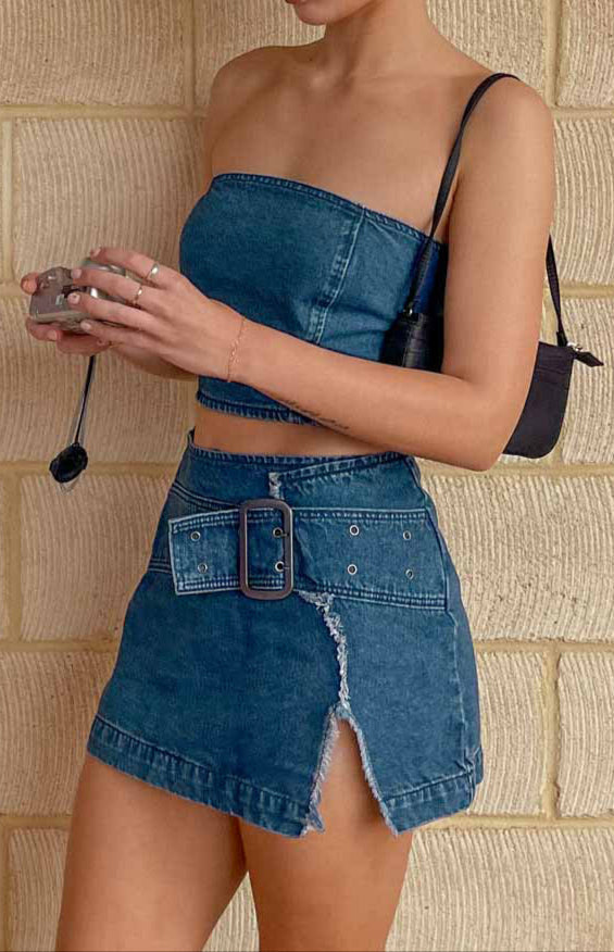 Maddalena Buckle Denim Mini Skirt