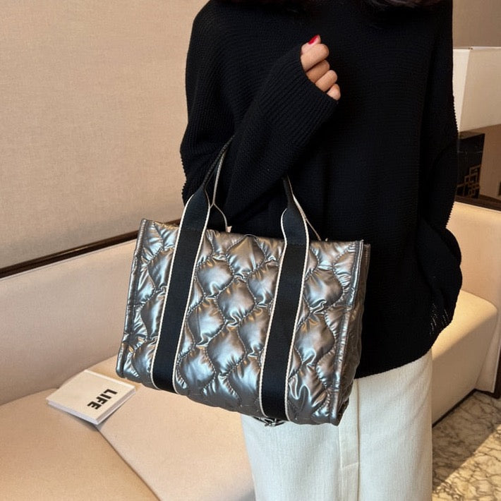 Embla Metallic Quilted Nylon Puffer Shopper Totes