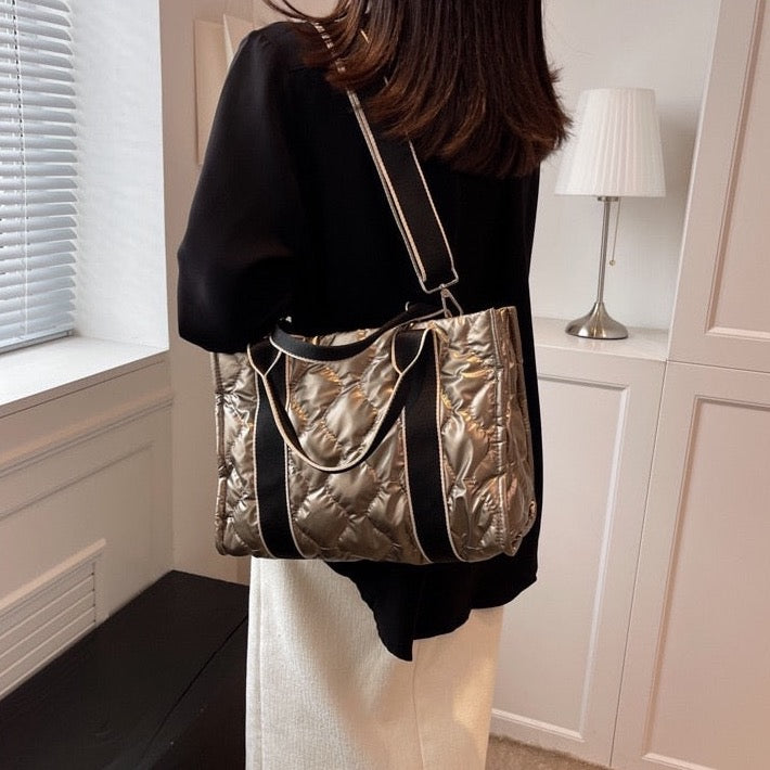 Embla Metallic Quilted Nylon Puffer Shopper Totes