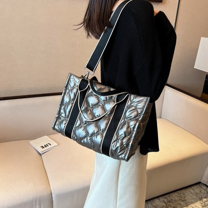 Embla Metallic Quilted Nylon Puffer Shopper Totes