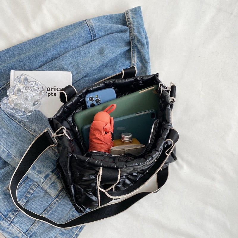 Embla Metallic Quilted Nylon Puffer Shopper Totes