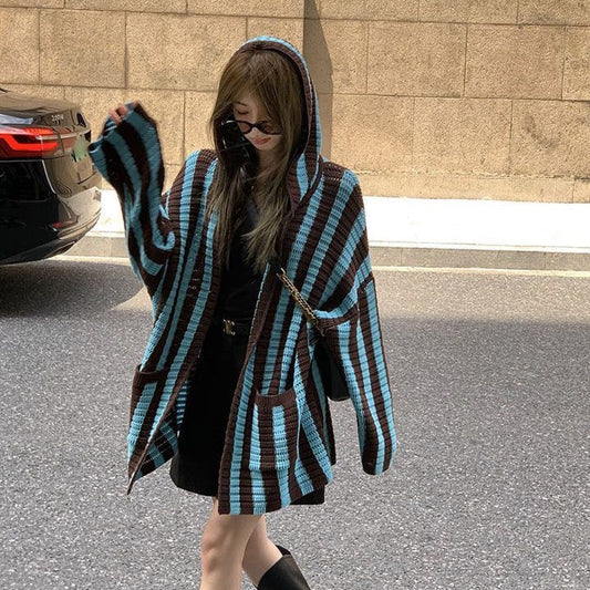 Emica Vertical Stripe Hooded Knit Cardigan Jumper