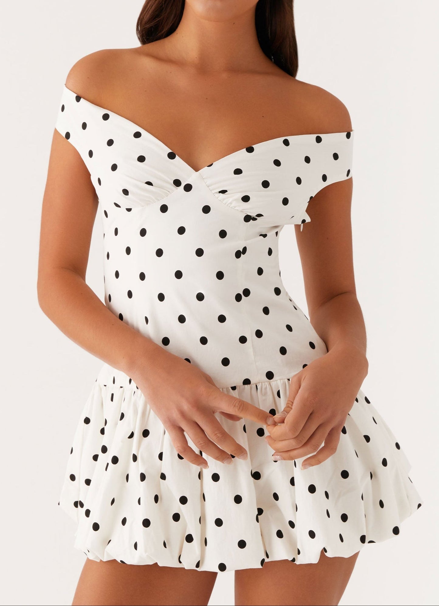 Analia Off Shoulder Mini Dress - White Polka Dot