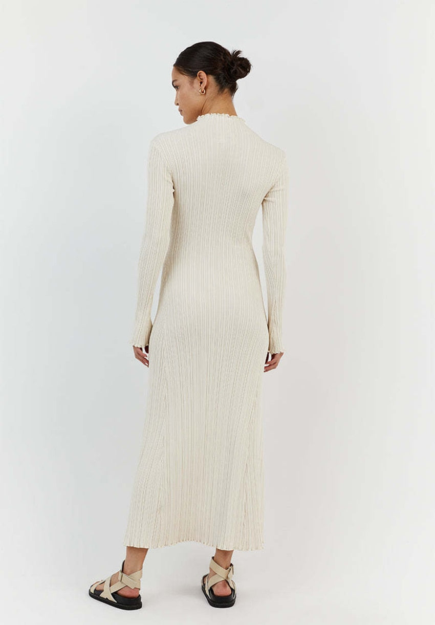 Evva Frill Neck Ribbed Knit Maxi Dress - 3 Colors