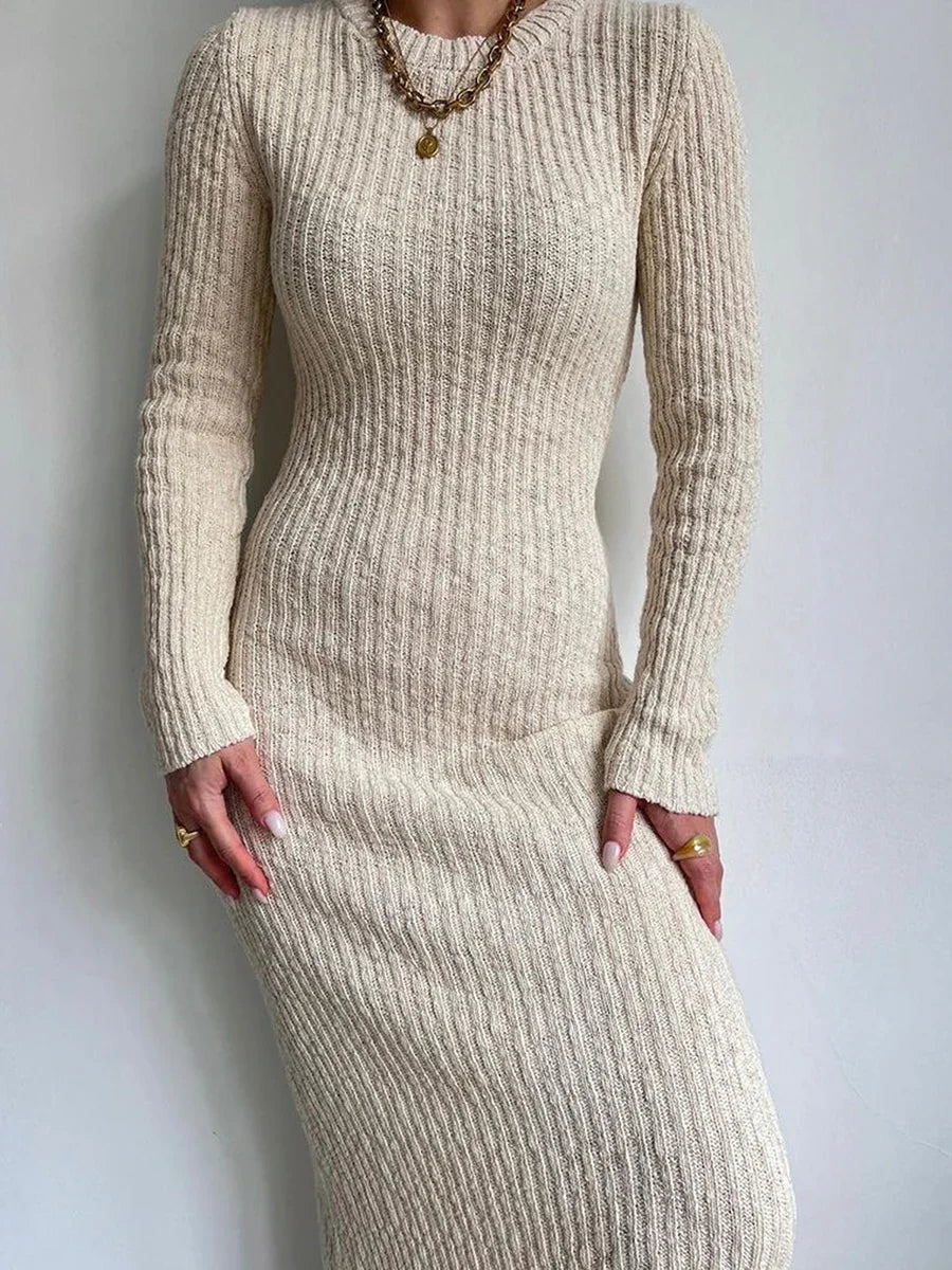 Casual Solid Knit Round Neck Long Sleeve Sweater Bodycon Dress