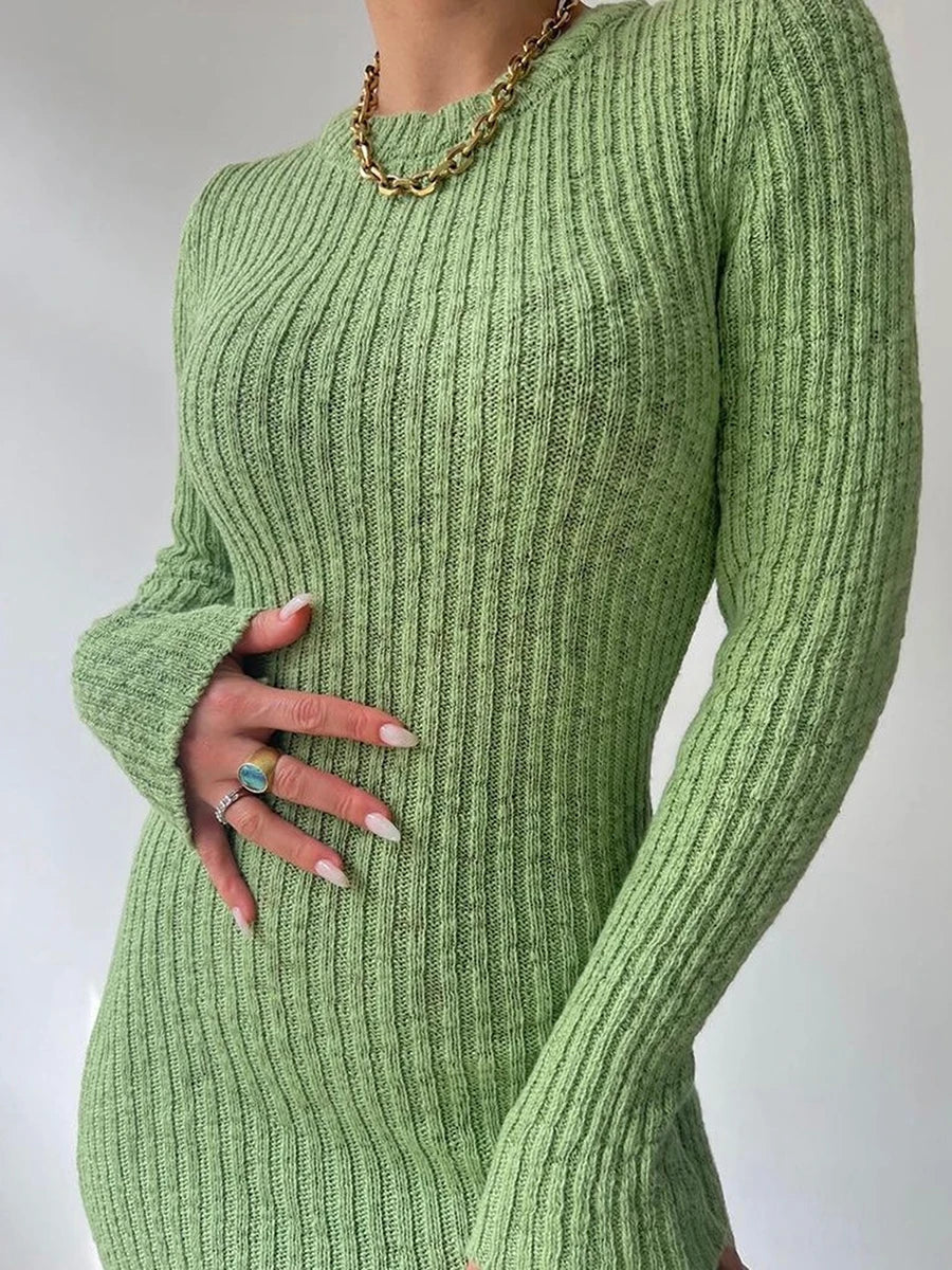 Casual Solid Knit Round Neck Long Sleeve Sweater Bodycon Dress