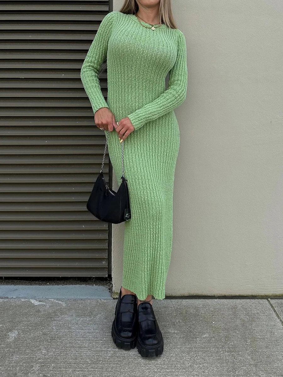 Casual Solid Knit Round Neck Long Sleeve Sweater Bodycon Dress