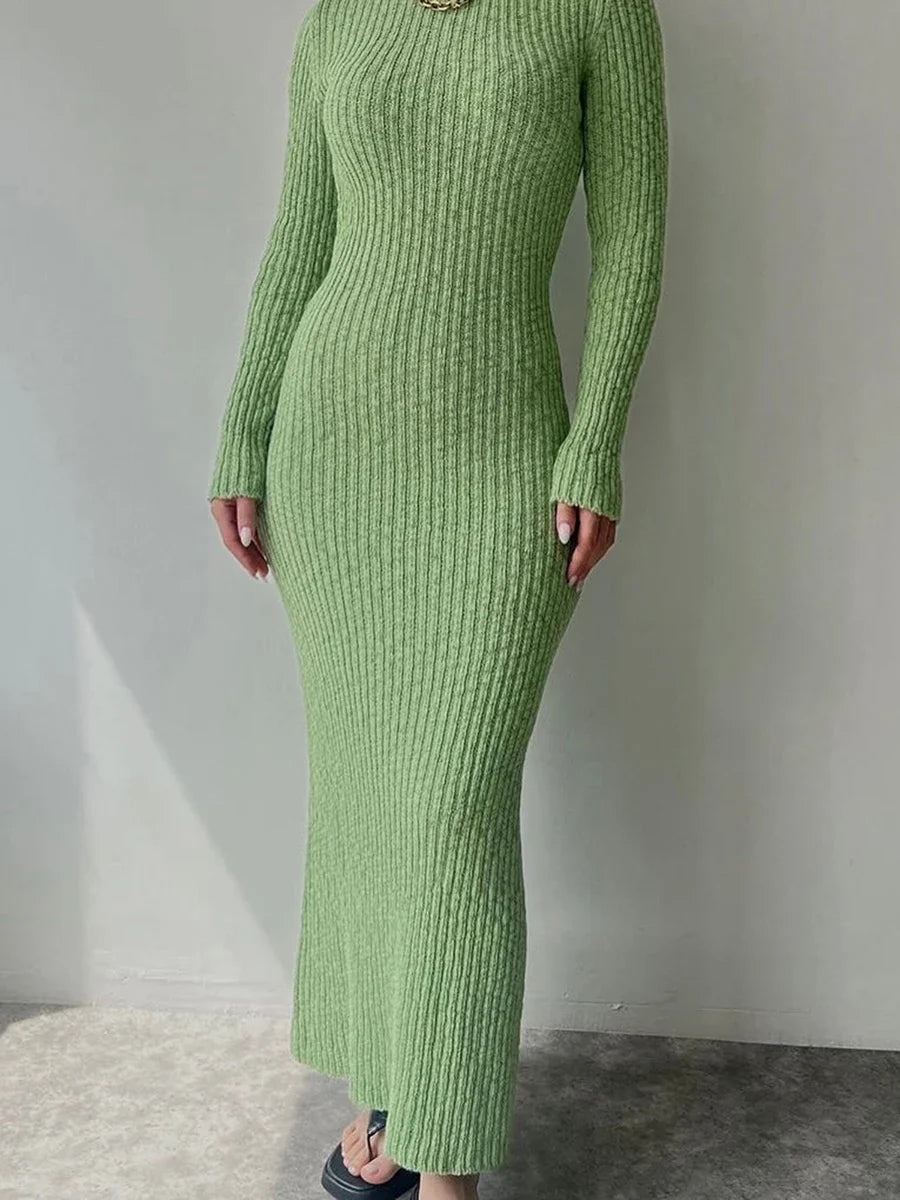 Casual Solid Knit Round Neck Long Sleeve Sweater Bodycon Dress