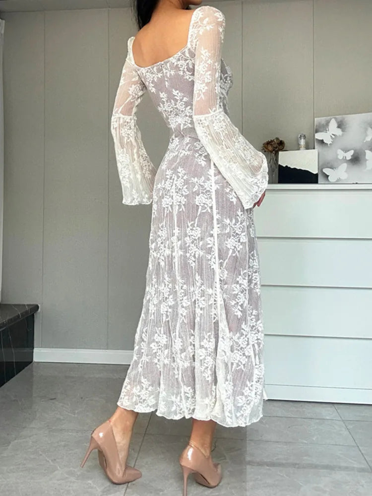 Spring High Waist Long Sleeve Elegant Party Clubwear Lace Dress