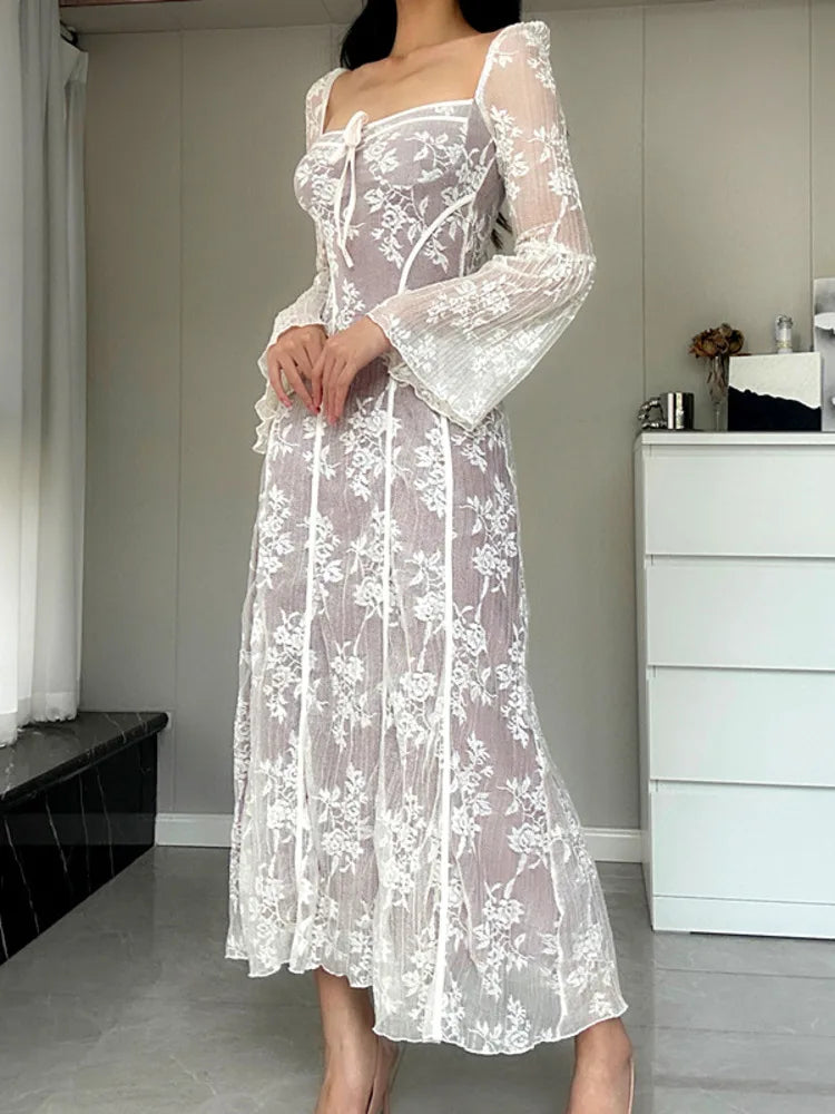 Spring High Waist Long Sleeve Elegant Party Clubwear Lace Dress