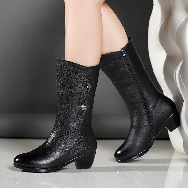 Fashion Black Middle Korean Low Heel Solid Fleece Warm Anti Skid Ankle Boot