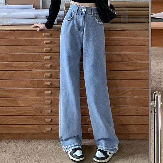 Blue Straight Basic Loose Casual Full-Length Jeans